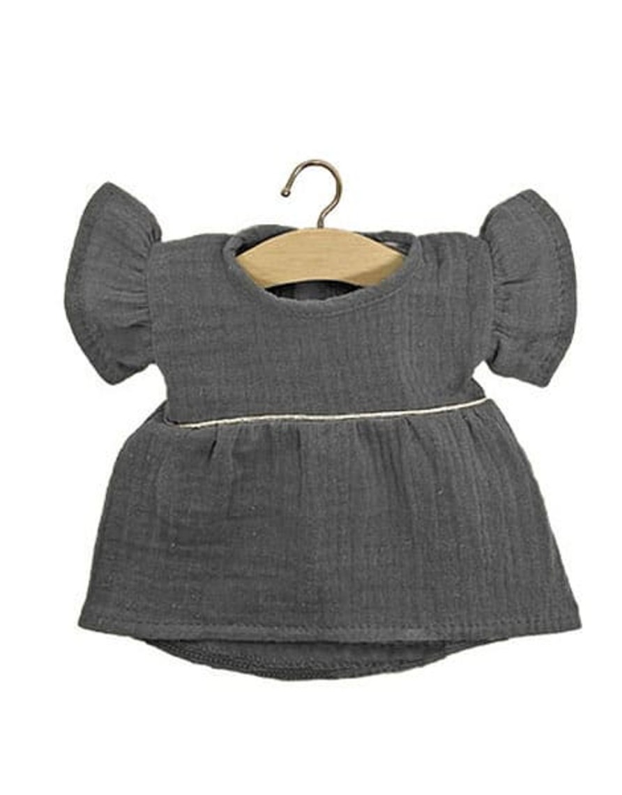 Play & Learn Minikane Dolls & Accessories | Daisy Double Gauze Cotton Dress With Piping | Charcoal Grey For Minikane X Gordis Dolls