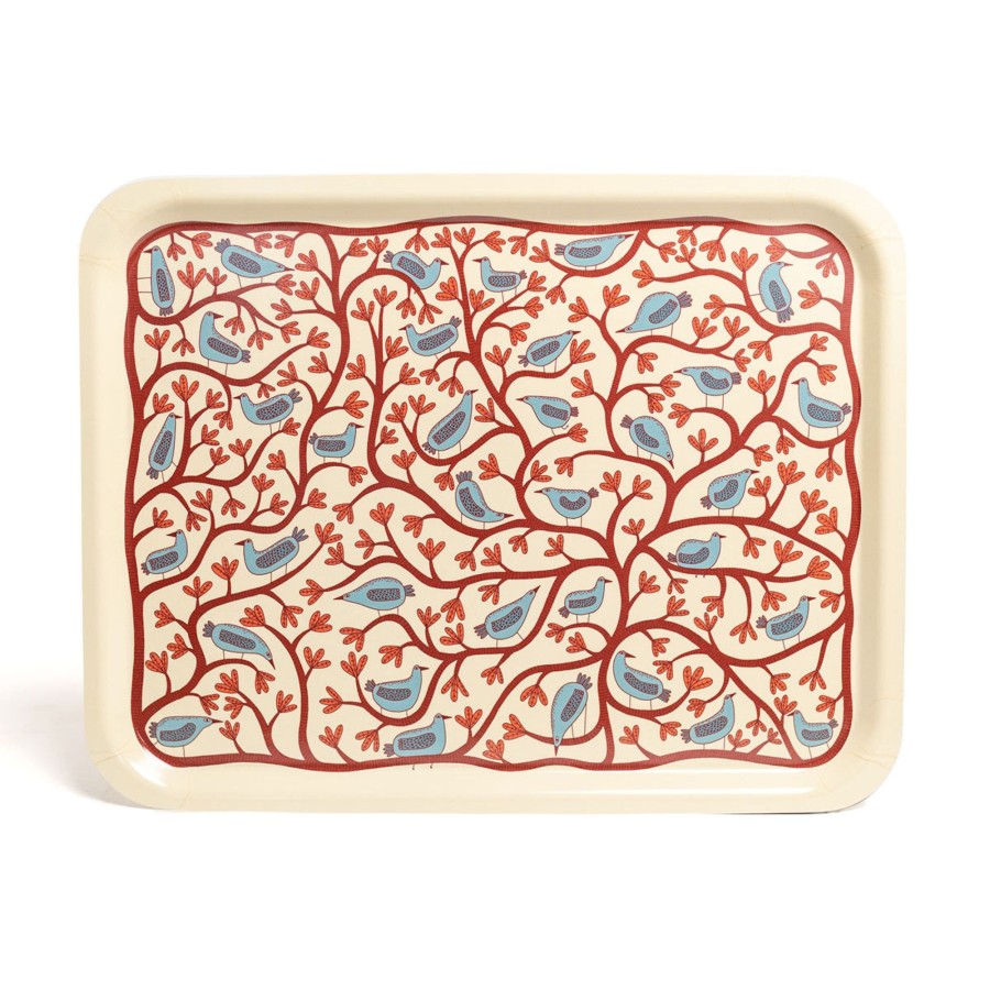 @Home Mia Nilsson Trays | Tree And Bird Illustrated Tray In Cream By Mia Nilsson