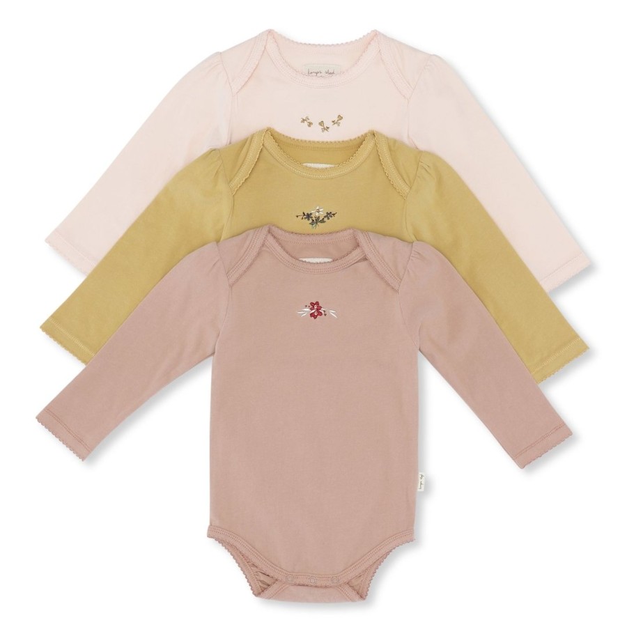 Clothing & Accessories Konges Slojd Tops & Bottoms | Cue 3 Pack Embroidery Bodysuit | Rosy, Roebuck & Mustard