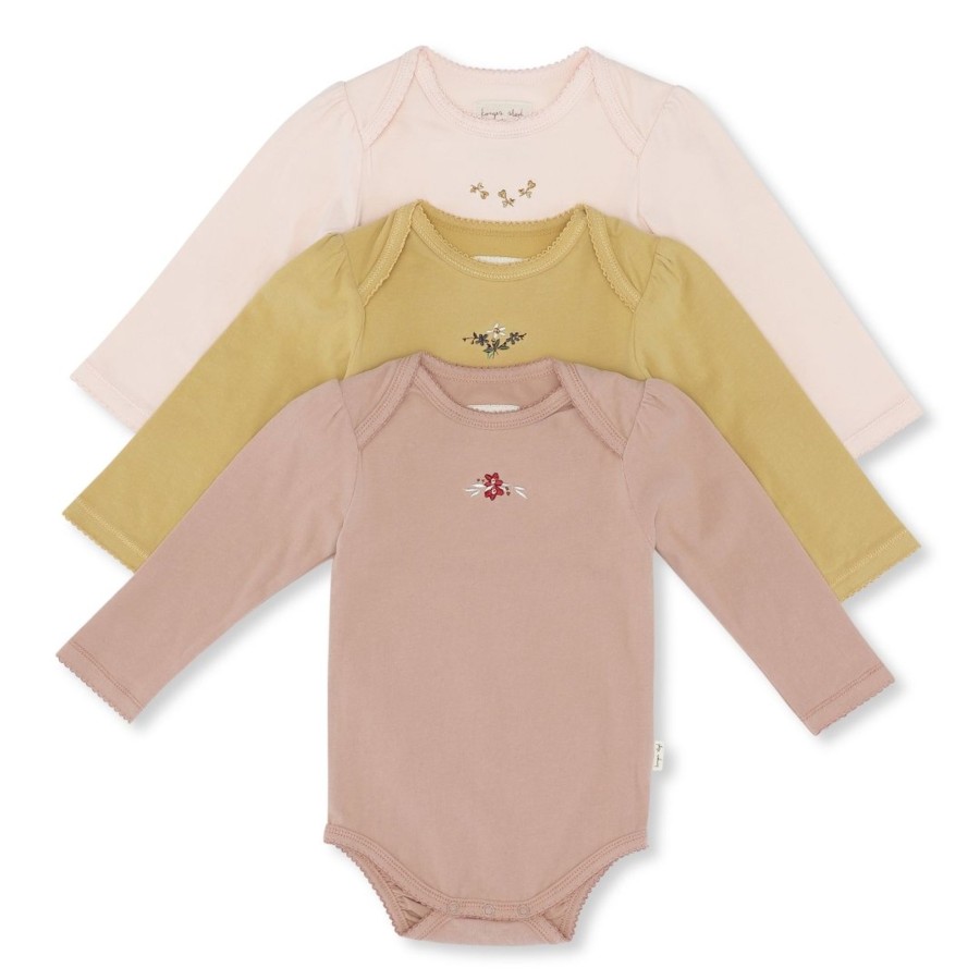 Clothing & Accessories Konges Slojd Bodysuits & Pyjamas | Cue 3 Pack Embroidery Bodysuit | Rosy, Roebuck & Mustard