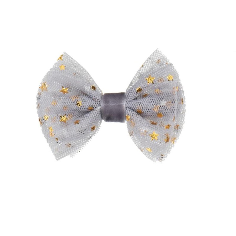 Clothing & Accessories Bon Dep Hair Accessories | Alligator Hair Clip With Tulle Bow In Light Grey And Golden Stars By Bon Dep