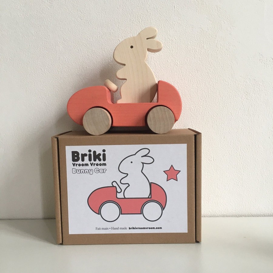 Play & Learn Briki Vroom Vroom Wooden Toys | Wooden Bunny Push Toy Car In Coral By Briki Vroom Vroom