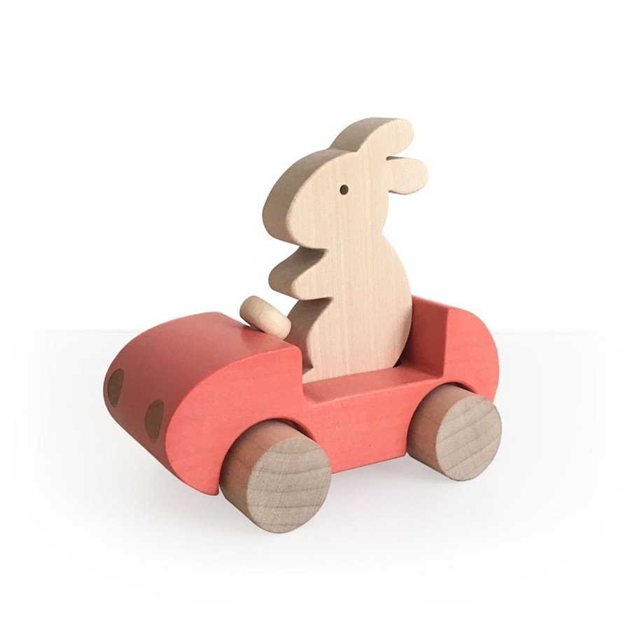 Play & Learn Briki Vroom Vroom Wooden Toys | Wooden Bunny Push Toy Car In Coral By Briki Vroom Vroom