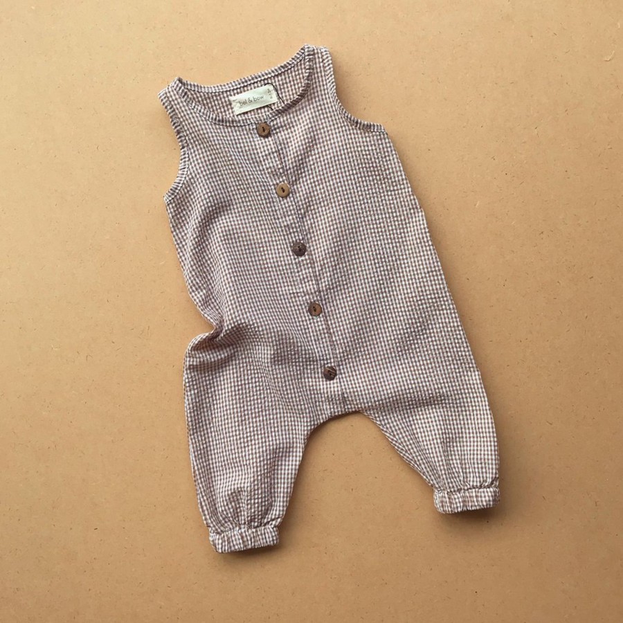 Clothing & Accessories bel & bow Bodysuits & Pyjamas | Seersucker Romper - Beige Gingham By Bel & Bow