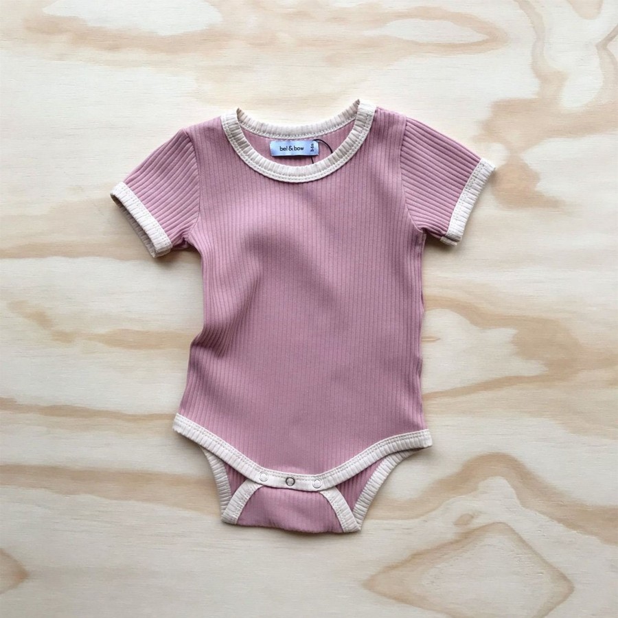 Clothing & Accessories bel & bow Bodysuits & Pyjamas | Retro Ringer Ribbed Bodysuit - Musk Pink By Bel & Bow