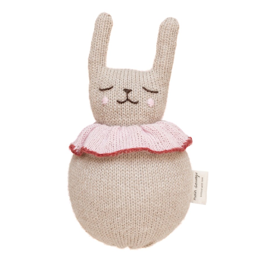 Gifts Main Sauvage Little Treats | Roly Poly Rabbit Knitted Soft Toy In Beige With Rose Ruff