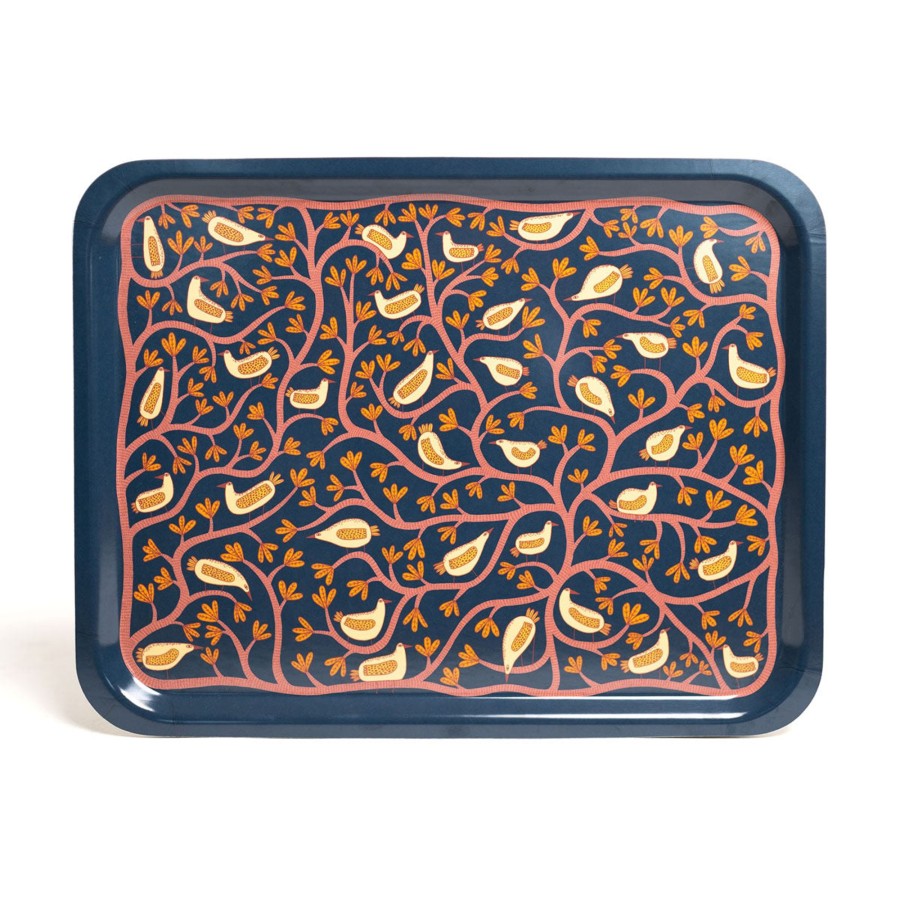 Gifts Mia Nilsson Eid Gift Shop | Tree And Bird Illustrated Tray In Navy By Mia Nilsson