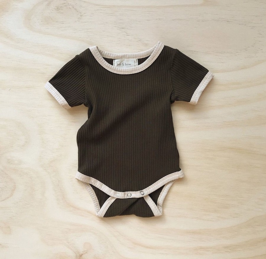 Clothing & Accessories bel & bow Bodysuits & Pyjamas | Retro Ringer Ribbed Bodysuit - Olive By Bel & Bow