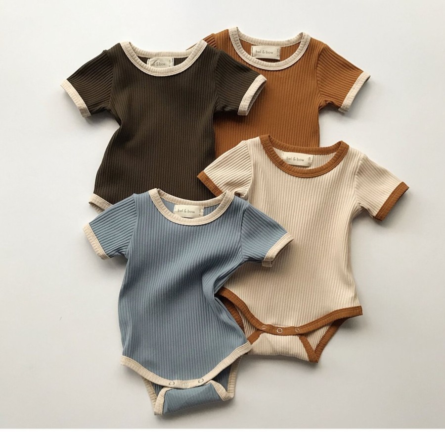 Clothing & Accessories bel & bow Bodysuits & Pyjamas | Retro Ringer Ribbed Bodysuit - Olive By Bel & Bow