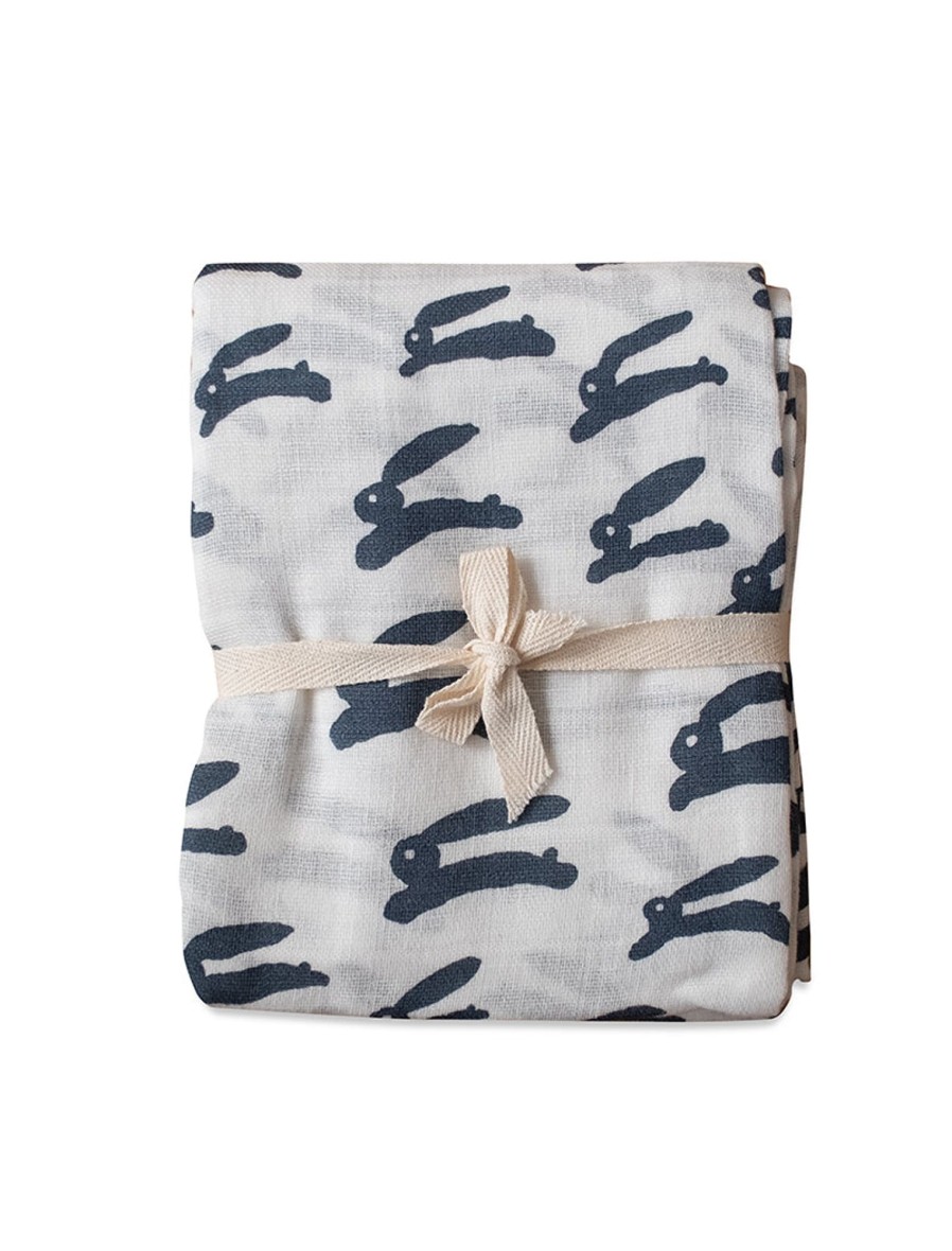 Baby Fine Little Day Blankets & Swaddles | 100% Organic Rabbit Muslin Blanket, White/Night Blue By Fine Little Day