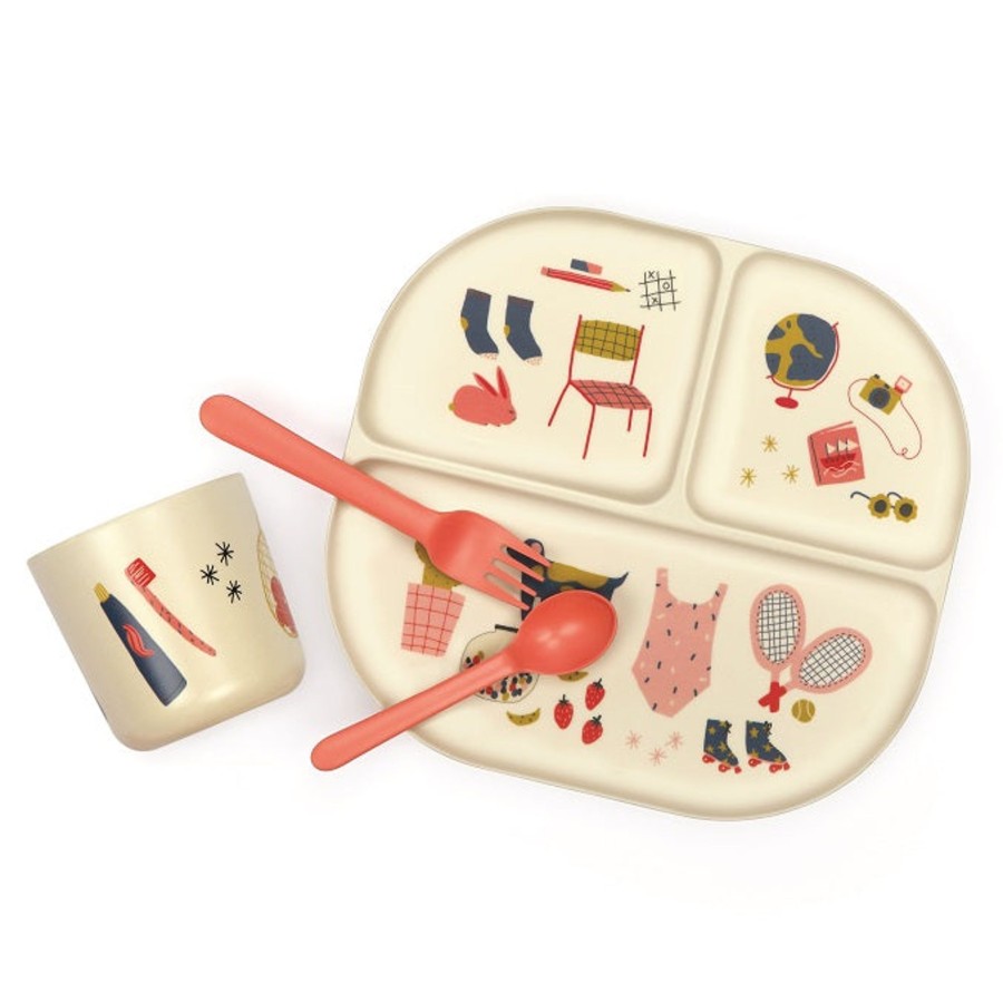 @Home Ekobo Dinnerware Sets | Illustrated Bamboo Kid Dinner Set | Coral