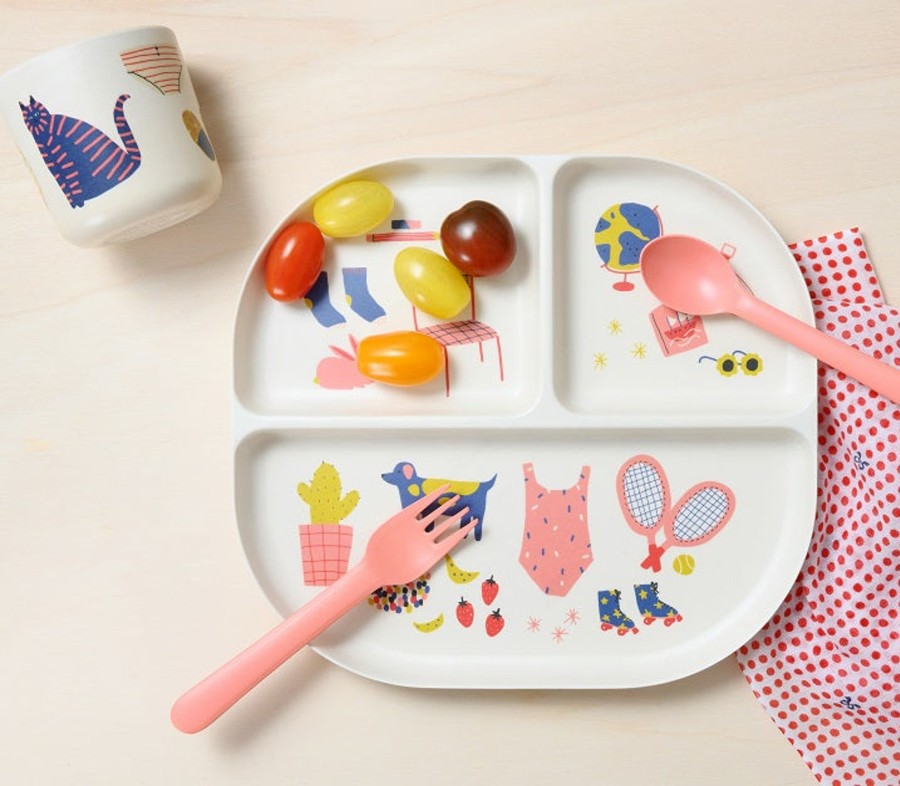 @Home Ekobo Dinnerware Sets | Illustrated Bamboo Kid Dinner Set | Coral