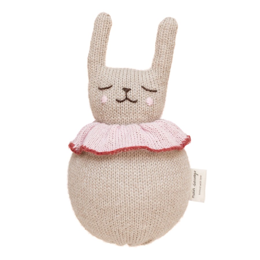 Baby Main Sauvage Soft Toys | Roly Poly Rabbit Knitted Soft Toy In Beige With Rose Ruff